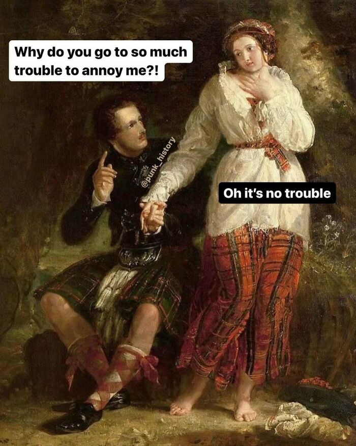 Classical art meme showing a man annoyed while holding a woman's hand, humorously reflecting 21st century feelings.