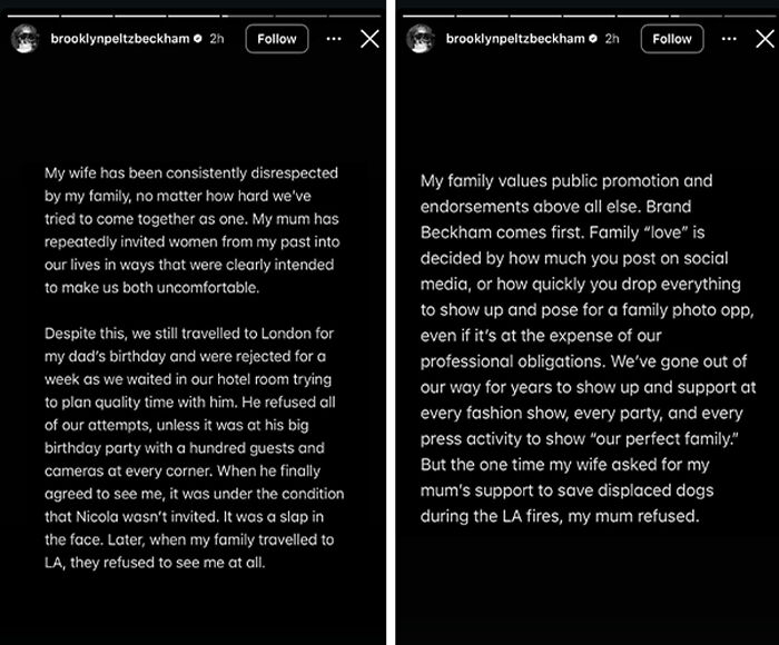 Brooklyn Beckham addresses family feud and public disputes in a detailed online social media statement.