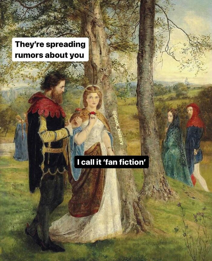 Classical art meme showing medieval figures in a garden with humorous captions about rumors as fan fiction.