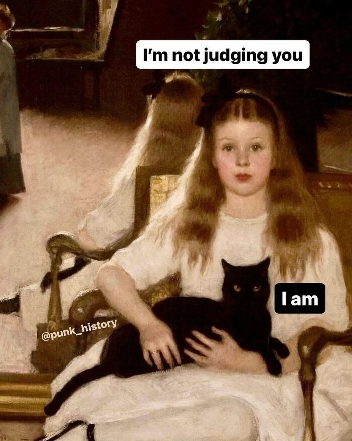 Classical art meme featuring a girl holding a black cat with humorous modern text overlays.
