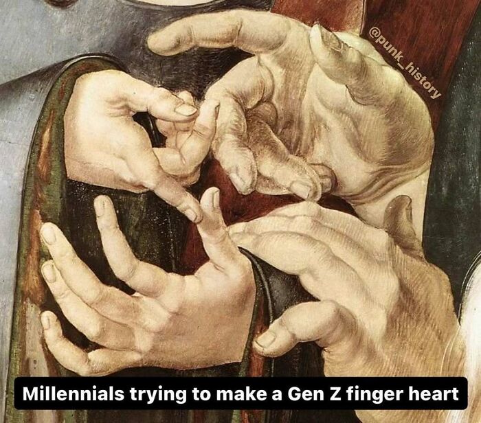 Classical art meme showing detailed painted hands humorously making a Gen Z finger heart gesture.