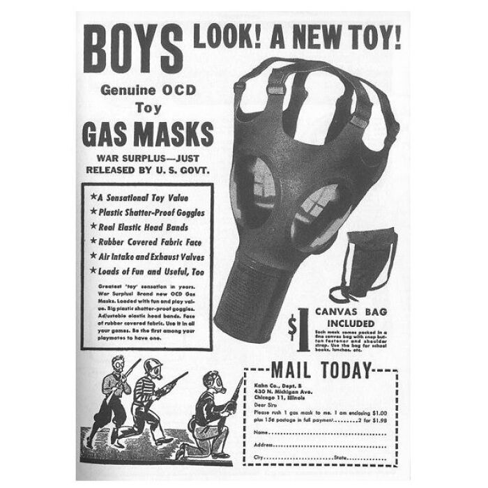 Vintage gas mask toy advertisement showing a rubber face mask with elastic bands and canvas carrying bag from war surplus.