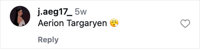 Screenshot of a social media comment mentioning Aerion Targaryen, related to A Knight Of The Seven Kingdoms plot and characters.