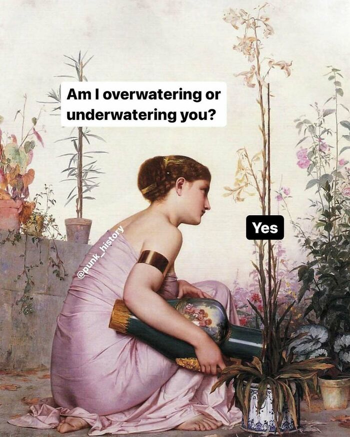 Classical art meme of a woman watering a dying plant with humorous text about overwatering or underwatering.