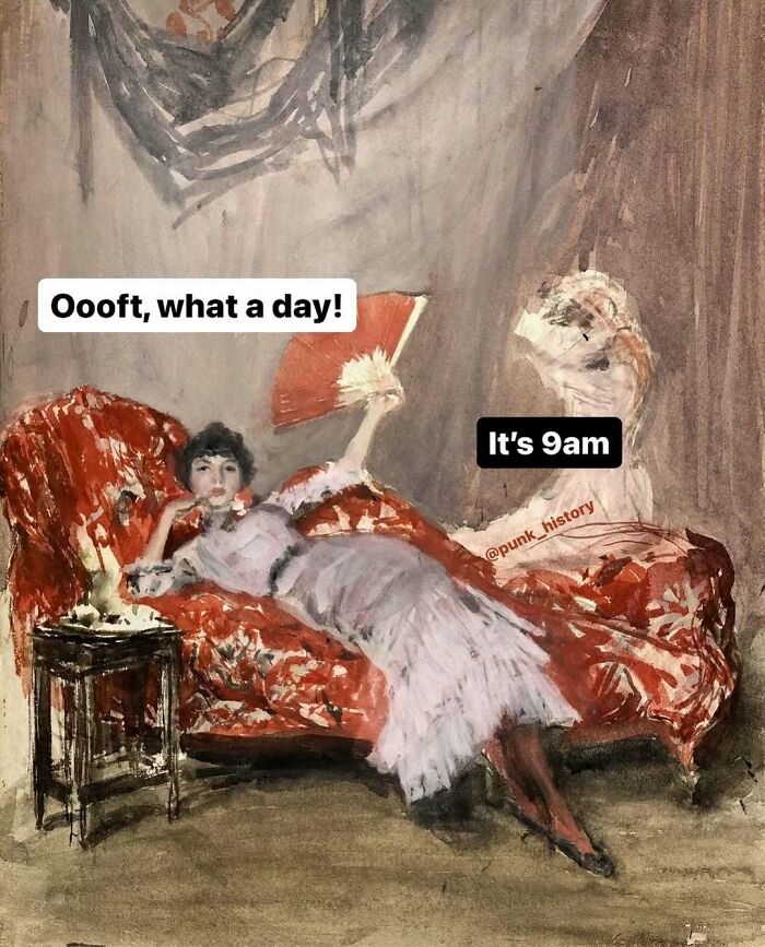 Woman in classical art meme reclining on a red couch with humorous text about feeling tired at 9am.