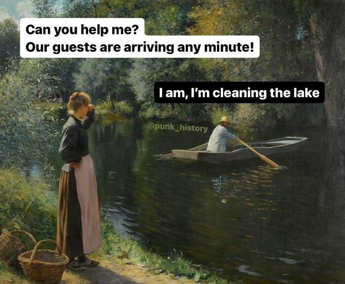 Classical art meme showing a woman asking for help while a man rows a boat in a calm lake scene.