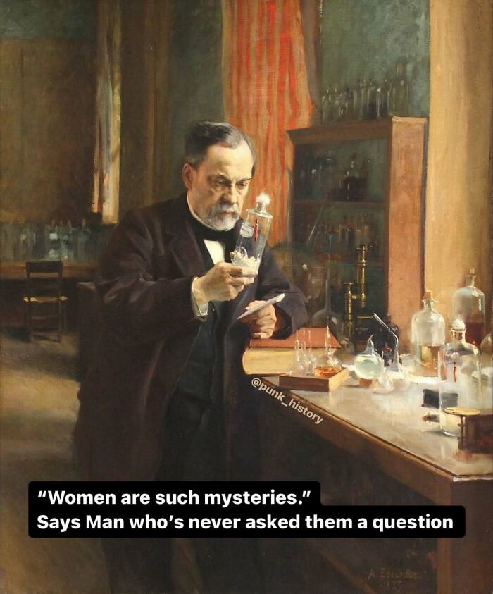 Classical art meme showing a man examining a flask with a humorous caption about women’s mysteries.