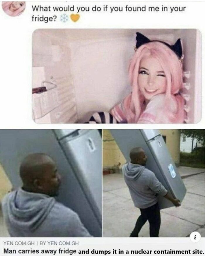 Person posing inside an open fridge and another person carrying a large fridge, dark humor meme for dark humor fans.
