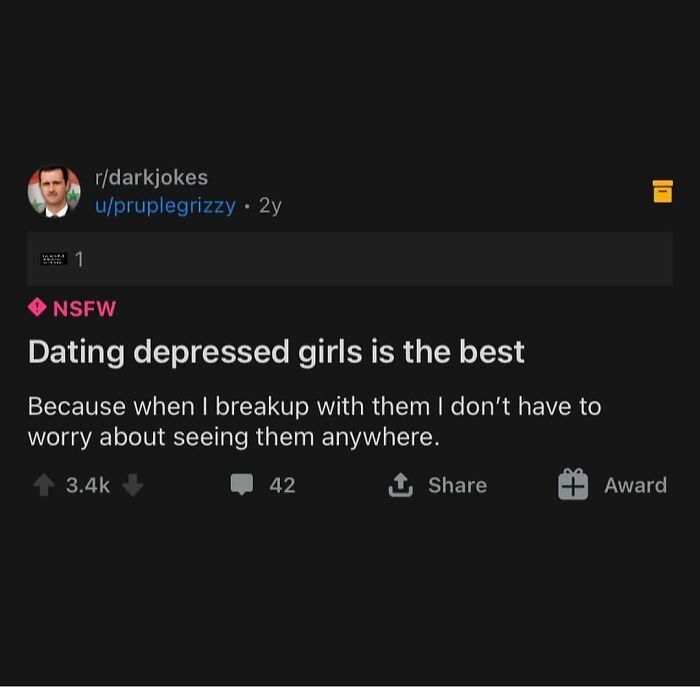 Reddit dark joke post about dating depressed girls, showcasing dark humor memes for those who enjoy humor with a touch of darkness.