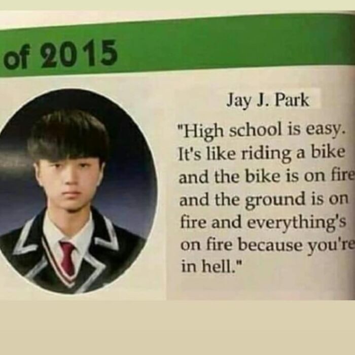 Yearbook photo of a teen male with a dark humor quote about high school from a collection of hilarious dark humor memes.