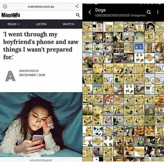 Woman looking shocked at phone screen beside a collage of Doge memes, reflecting dark humor and hilarious meme culture.