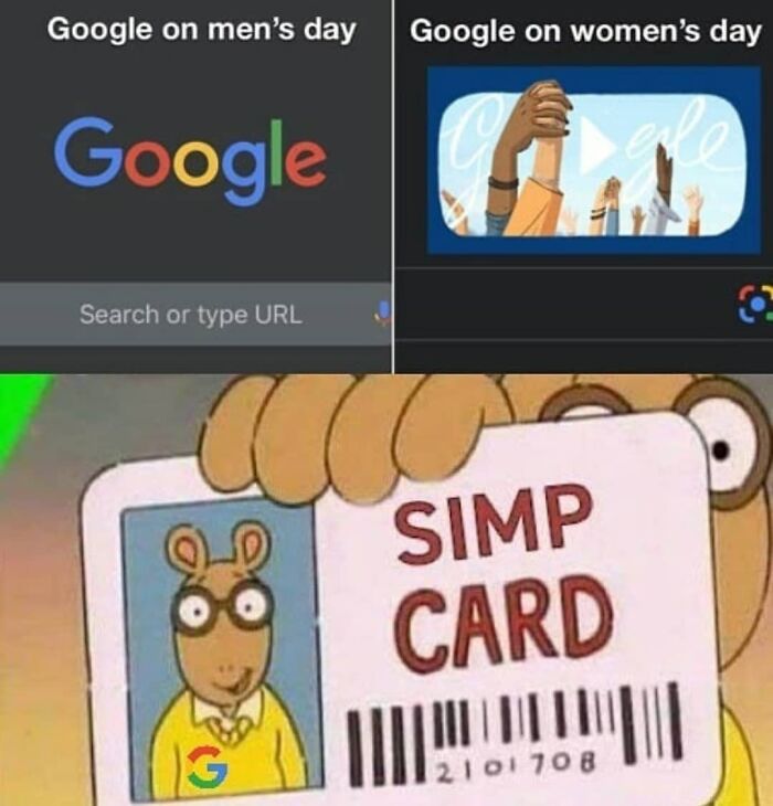 Funny meme showing Google logos on men’s and women’s day, paired with a cartoon character holding a simp card, dark humor style.