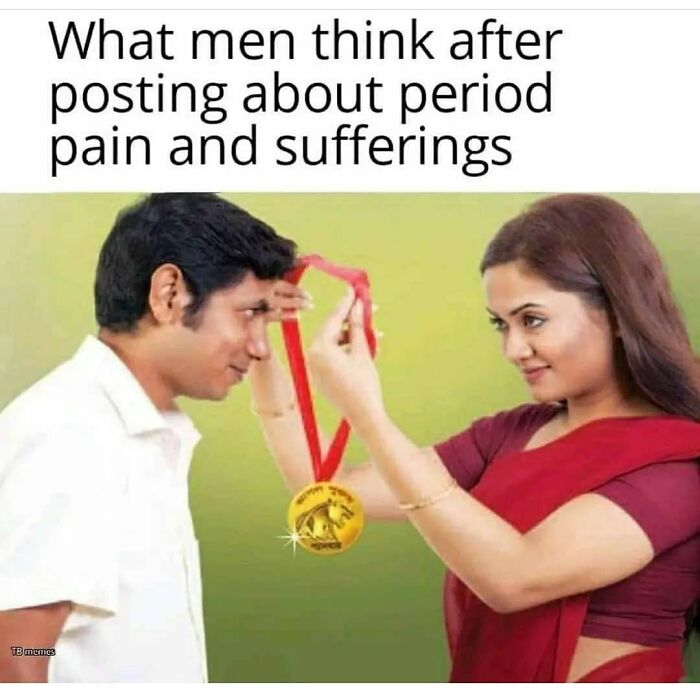 Man being humorously awarded a gold medal for posting about period pain and sufferings in dark humor memes.