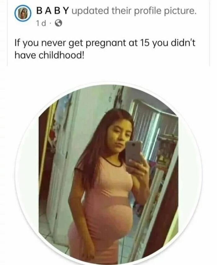 Teen girl with a serious expression taking a mirror selfie showing her pregnancy, illustrating dark humor meme content.