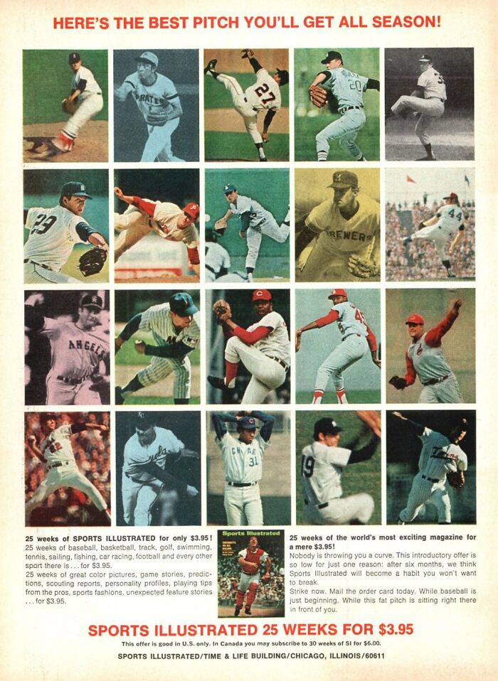 Vintage baseball players in action poses featured in a bizarre vintage ad showcasing 25 weeks of Sports Illustrated for $3.95.