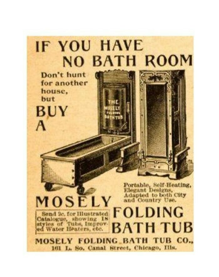 Vintage Mosely folding bath tub ad highlighting a portable self-heating design from an old product catalog.