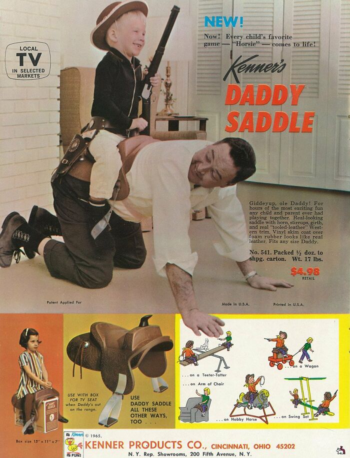 Vintage ad showing a child riding a Daddy Saddle toy on an adult, a classic bizarre vintage ad concept.