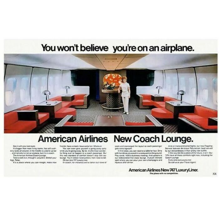 Vintage American Airlines airplane lounge interior showcasing retro design and vintage products from the past.