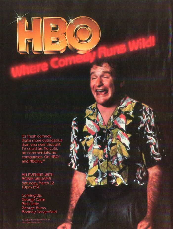 Vintage HBO ad featuring a laughing man promoting comedy, an example of bizarre vintage ads from past decades.