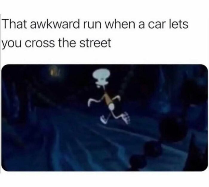 Animated character awkwardly running at night with text about an awkward moment, relatable introvert meme concept.