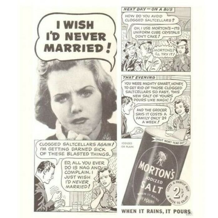 Vintage advertisement comic showing Morton's salt as a fascinating vintage product once popular but now looking odd.