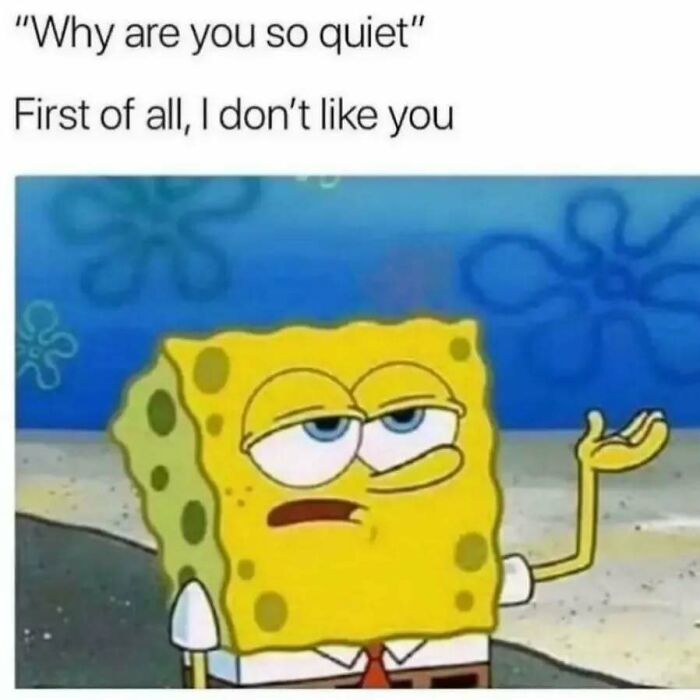 SpongeBob meme about being quiet and not liking someone, relatable for introvert life and introvert memes.