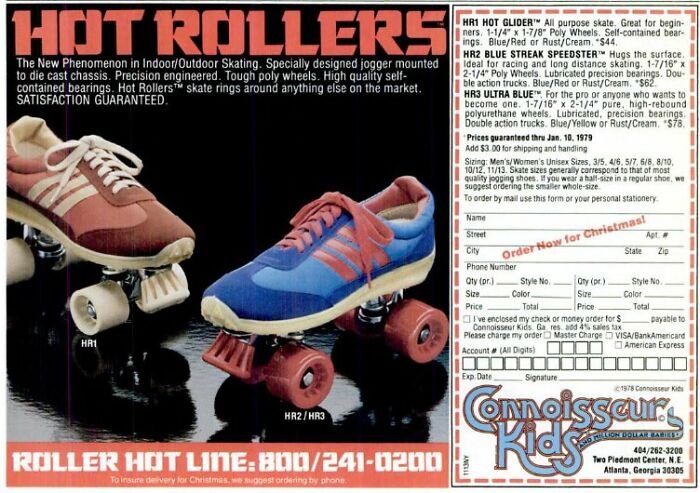 Vintage roller skate ad featuring Hot Rollers with die cast chassis and precision engineered poly wheels.
