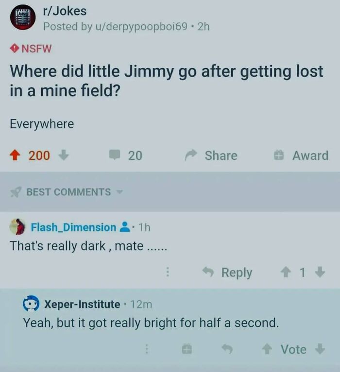 Reddit post joke with dark humor about a lost boy in a minefield, highlighting hilarious memes with a touch of darkness.