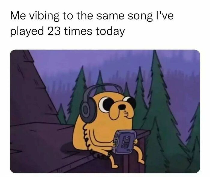 Cartoon dog with headphones on, holding a music player, depicting relatable memes about life as an introvert.