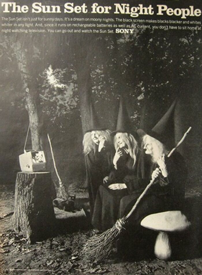 Vintage ad shows three witches watching a small TV in a forest, highlighting bizarre vintage ads unlikely to appear today.