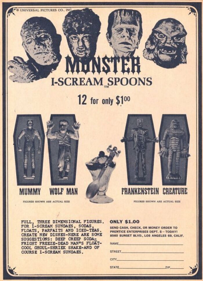 Vintage monster-themed ice cream spoons ad featuring Mummy, Wolf Man, Frankenstein, and Creature figures for $1.00.