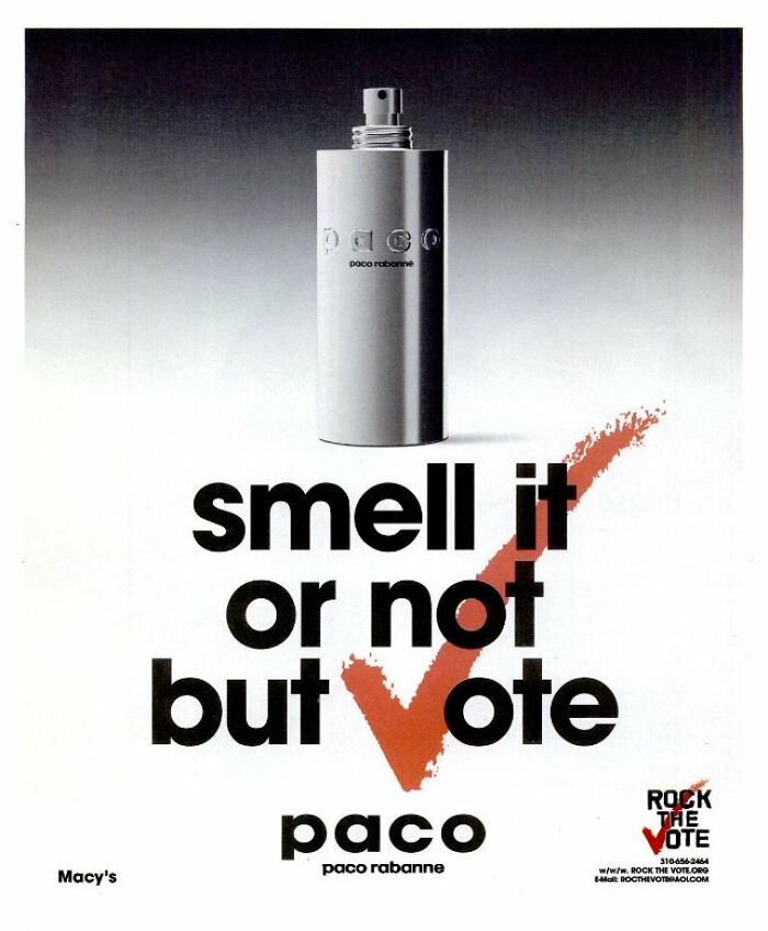 Bizarre vintage ad for Paco perfume with a bold message encouraging voting alongside product image and logo.