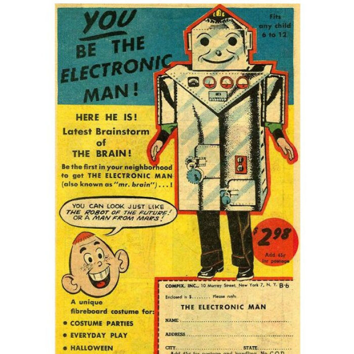 Vintage cardboard electronic man costume ad for Halloween and parties, a classic odd vintage product from the past.