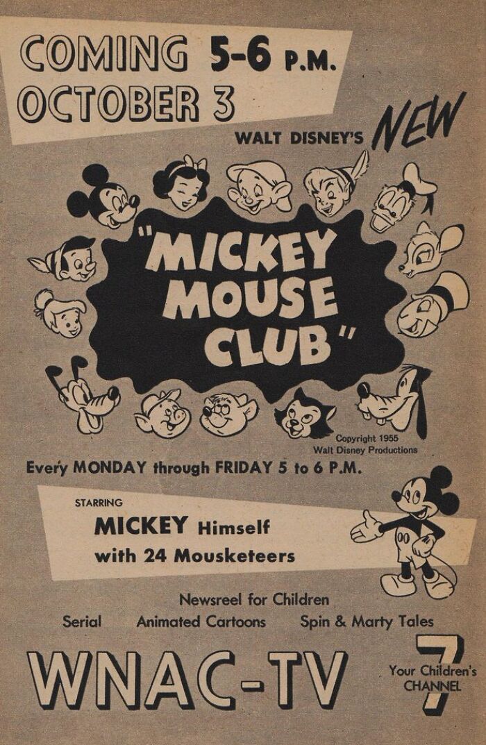 Vintage ad for Mickey Mouse Club TV show featuring classic Disney characters and old-style cartoon promotion.
