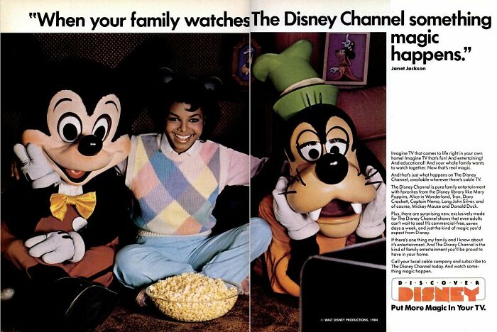Vintage Disney Channel ad showing a family watching TV with Mickey Mouse and Goofy promoting nostalgic entertainment.