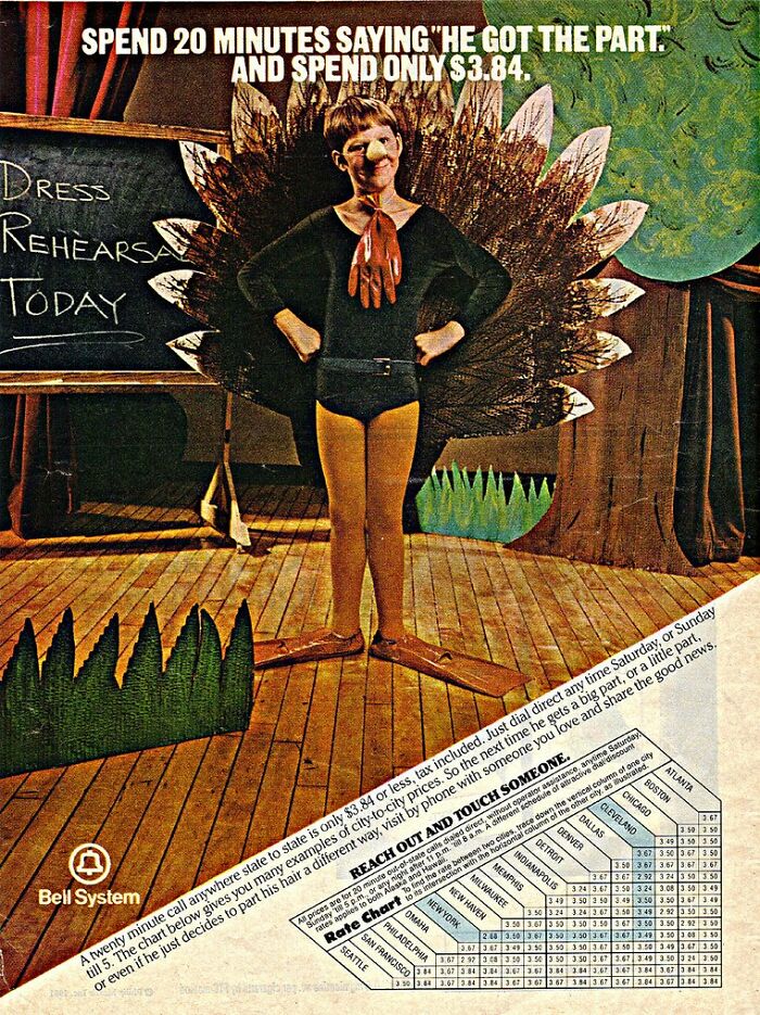 Vintage Bell System ad showing a boy in a turkey costume promoting affordable phone call rates and touch tone dialing.