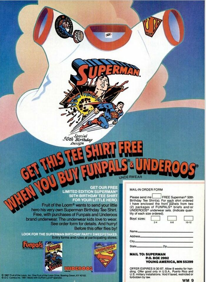 Vintage Superman ad promoting a free tee shirt with purchase of Funpals and Underoos underwear.