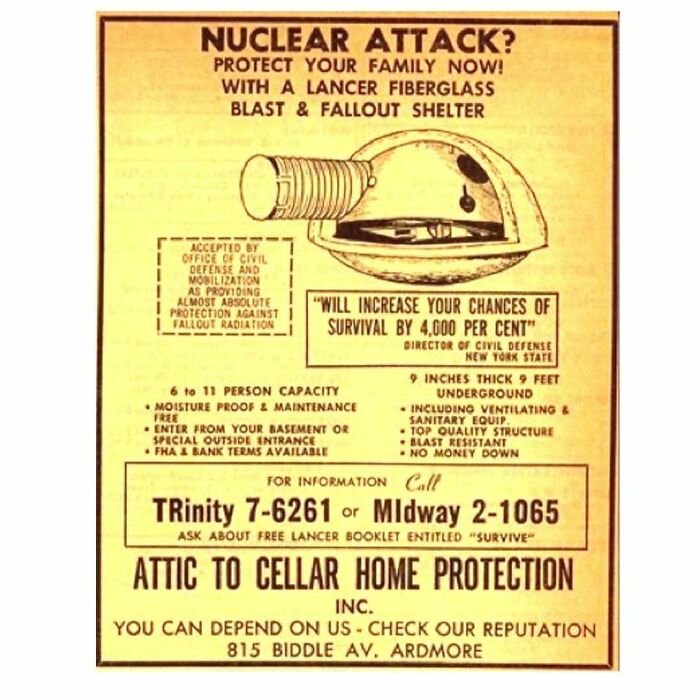 Vintage nuclear attack shelter ad promoting fiberglass blast and fallout protection for home safety in mid-20th century.