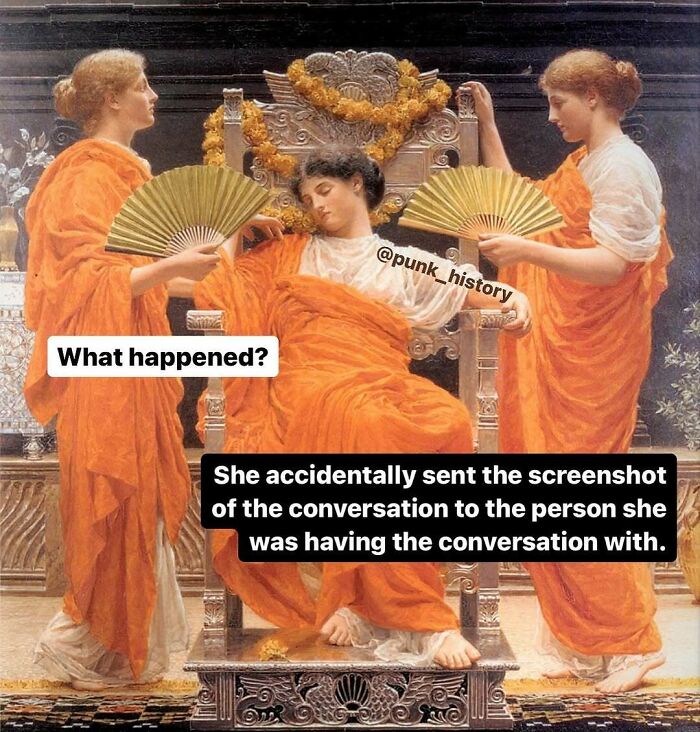 Classical art meme showing three women in orange robes, one fanning a seated figure with a caption about a texting mistake.