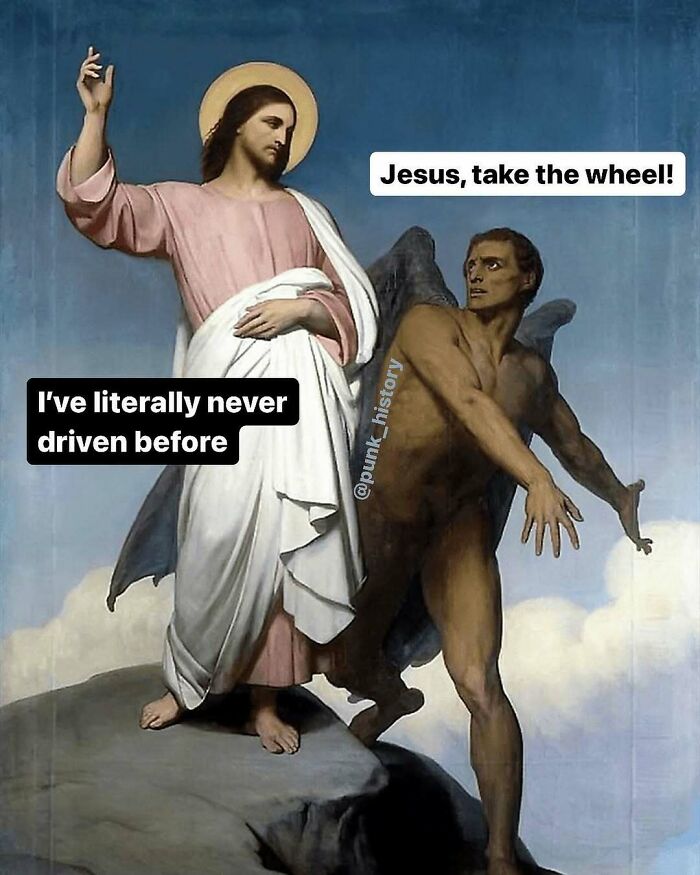 Classical art meme showing Jesus and a man with humorous text about driving, highlighting hilarious classical art memes.
