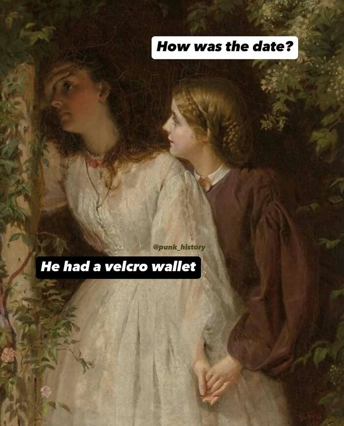 Two women in classical art style whispering and holding hands, humorous classical art memes about modern dating experiences.