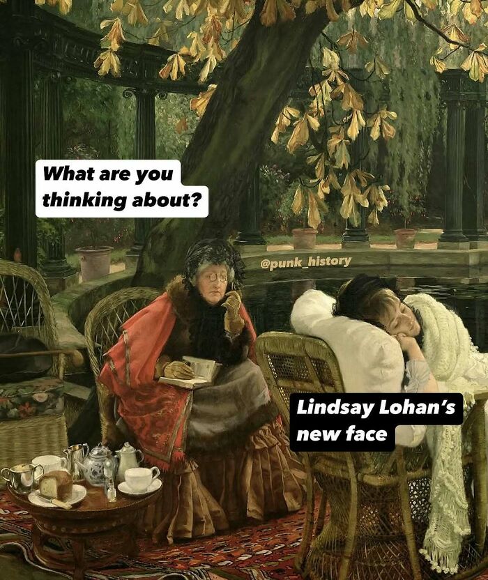 Classical art meme showing two women in Victorian attire with humorous 21st century caption about Lindsay Lohan's face.