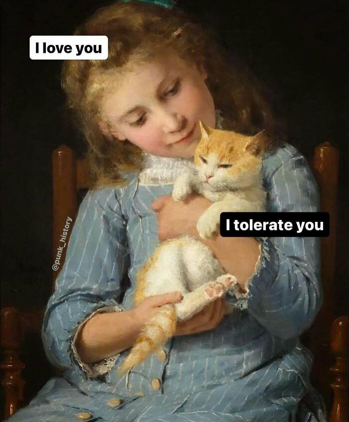 Classical art meme of a girl in a blue dress holding a cat with humorous text about love and tolerance.