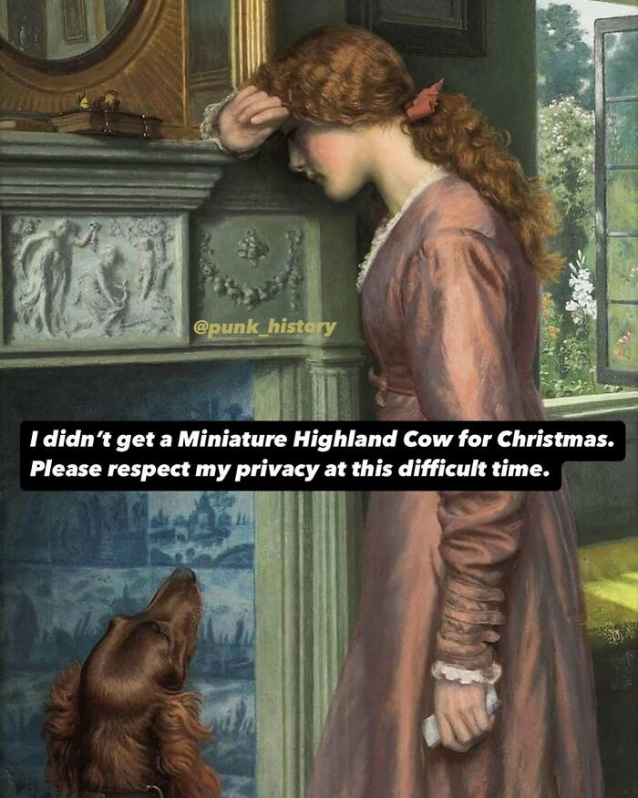 Classical art meme of a woman leaning on a fireplace with a dog, expressing sadness about not getting a Christmas gift.