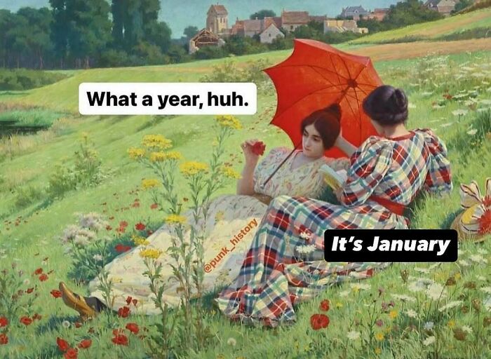 Two women in classical art style, one with a red umbrella, lying in a field with memes about the year and January.