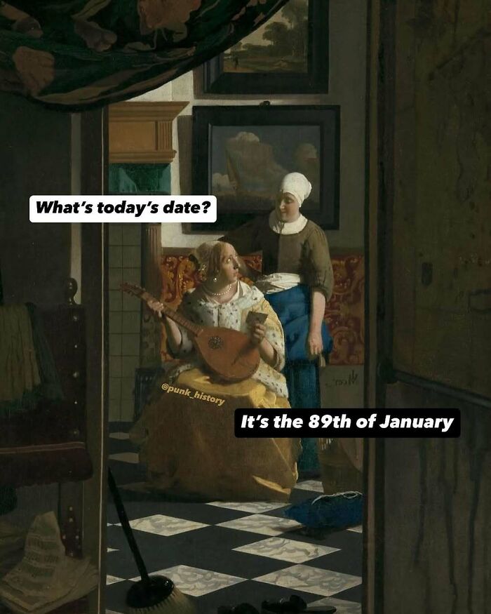 Classical art meme showing a woman playing lute and another with a date joke, capturing hilarious classical art memes humor.