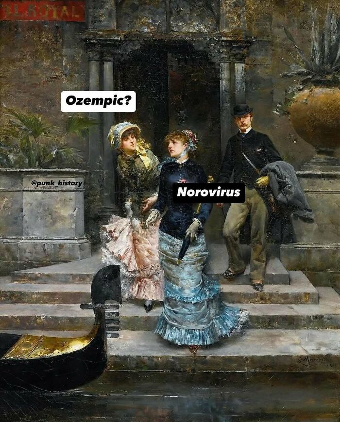 Two women and a man in classical attire on steps by a gondola, with humorous classical art memes about viruses.