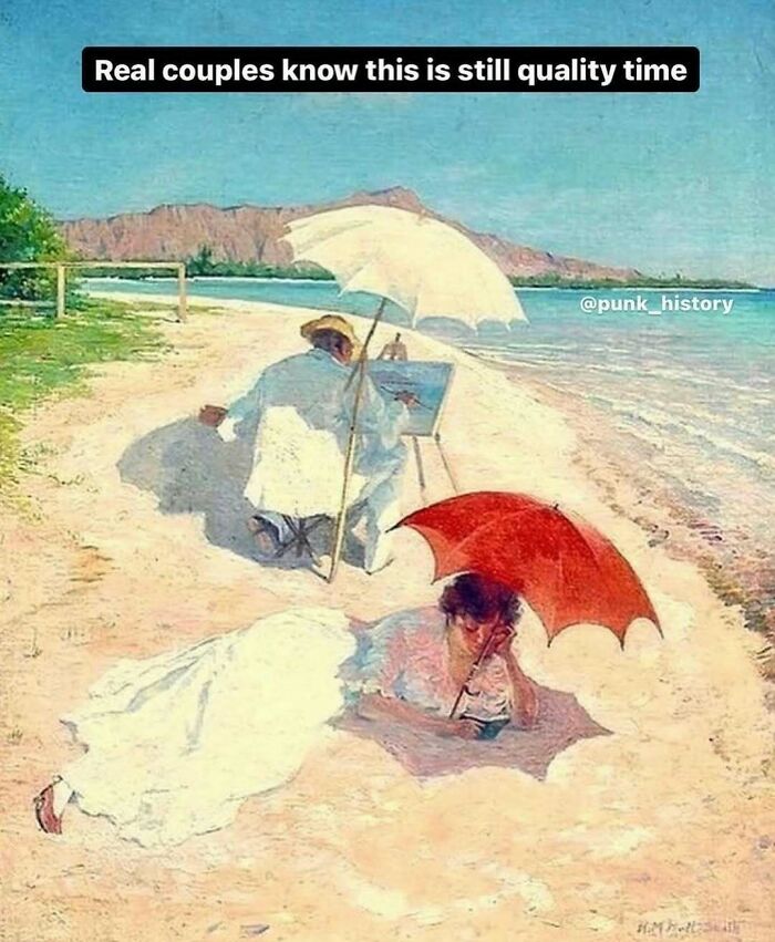 Classical art meme of a couple at the beach with umbrellas, capturing quality time in a 21st century context.