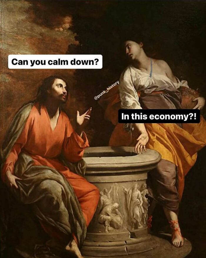 Classical art meme showing two figures debating with text about calming down and the economy, highlighting 21st century humor.