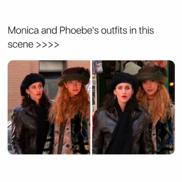 Monica and Phoebe wearing vintage outfits in a memorable Friends scene, showcasing timeless classic fashion from the show.